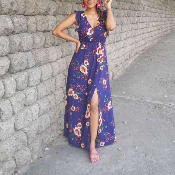 Dresses & Skirts - Boho Navy Blue Floral Print V neck Ruffle Cap Sleeve Maxi Dress